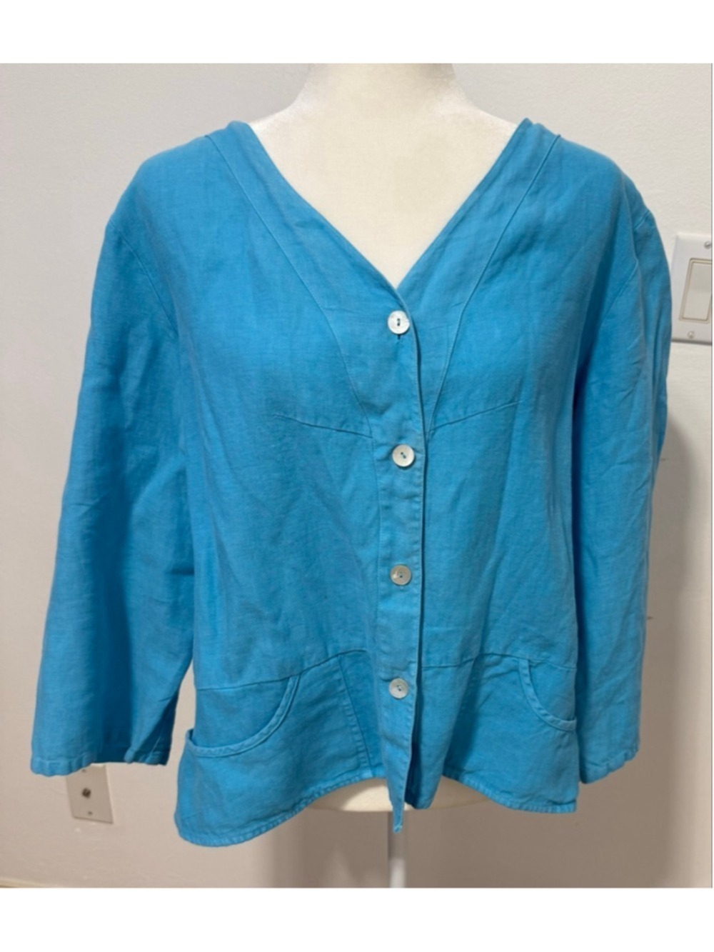 Heaven Blue Linen Button Down Shirt or jacket XL, pockets peplum pleated